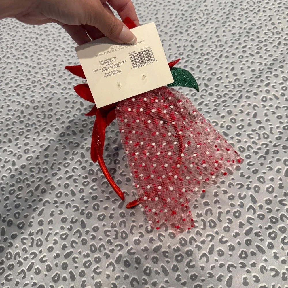 Celebrate It Christmas Poinsettia Headband Red Glitter Flower Polka Dot Veil NWT
